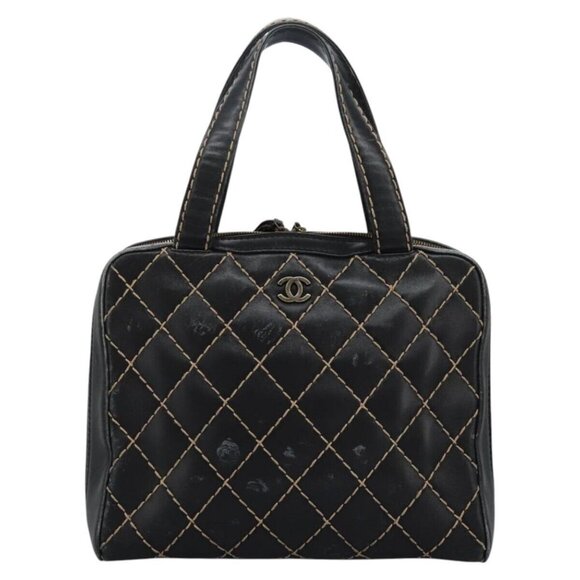 CHANEL Wild Stitch Hand Bag Leather Black CC Auth - Picture 1 of 16
